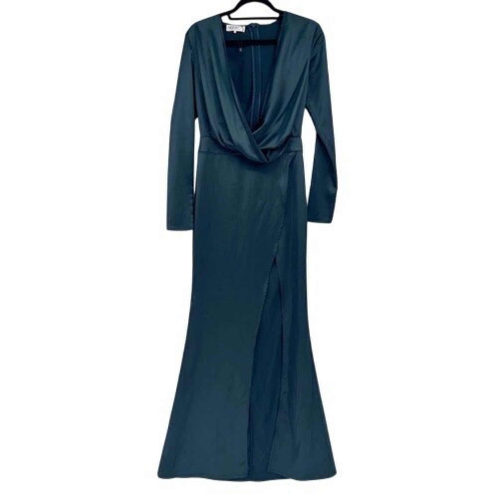 House of CB Serafina Emerald‎ Green Satin Wrap Maxi Dress Long Sleeve Size S